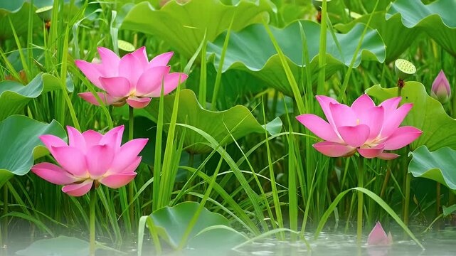 Beautiful pink lotus flowers blooming in the water against a lush green leaves background.