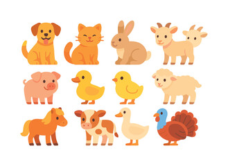 Fototapeta premium Farm Animals Icon Set. Farm Pets. Colorful flat vector icons set of Farm Pets: friendly dog, cuddly cat, fluffy rabbit, gentle goat kid, playful piglet,