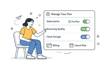 Interactive Plan Adjustment. User subscription self-service. A customer adjusting plan settings on a simple interface. Empowerment and ease of use, toggle