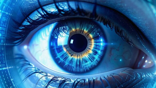 青く発光する瞳のクローズアップが知覚拡張を暗示する