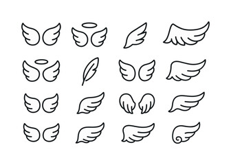 Obraz premium Line Art Angel Wings. Angel wings. Line icon set of angel wings: soft curved wing, highlight aura, drifting plume, delicate wing fan, floating halo curve, airy