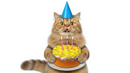 Funny Ginger Cat Wearing Blue Party Hat and Holding a Birthday Cake with Three Candles