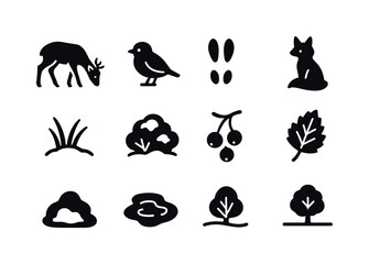 Fototapeta premium Snowy Meadow Icons. Snowy meadow animals. Solid icon set of snowy meadow animals: grazing deer, small bird, rabbit tracks, fox sitting, field grass winter,