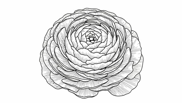 Detailed black and white line art illustration of a flower with many delicate petals, perfect for artistic projects