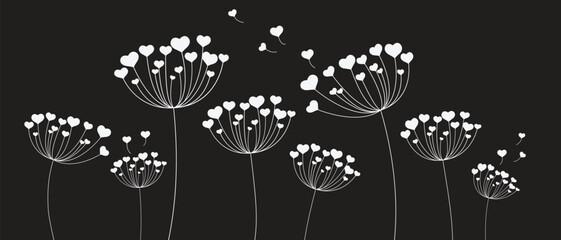 Dandelion with hearts. Happy Valentine's day greeting card. Lovely romance flower. Congratulation with Love. Valentine's day Vector illustration background.