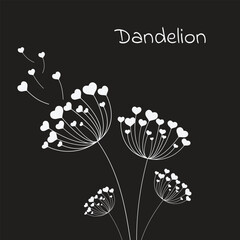 Dandelion with hearts. Happy Valentine's day greeting card. Lovely romance flower. Congratulation with Love. Valentine's day Vector illustration background.