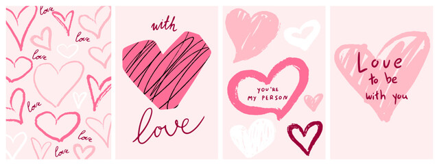 Hand drawn Happy Valentines Day cards. Whimsical crayon Galentines Day invitation postcard with hearts. Vector modern abstract art templates for celebration, branding, banner, cover, label, poster.