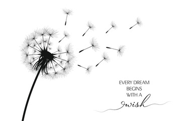 Vector illustration dandelion time. Black Dandelion seeds blowing in the wind. The wind inflates a dandelion isolated on a white background.