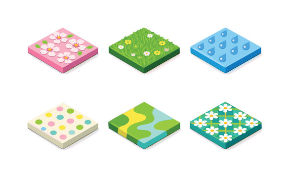 Spring Pattern Tiles. Pattern Tiles Spring Theme. Isometric flat vector icons set of Pattern Tiles Spring Theme: cherry blossom tile, grass texture tile,
