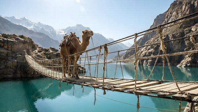 Camel crossing a suspension bridge over a turquoise river in a mountainous landscape.