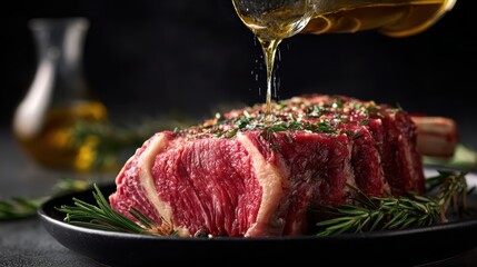 Artisan Steak: Close-up of a succulent raw steak being drizzled with oil, adorned with fragrant herbs, ready for a culinary masterpiece.