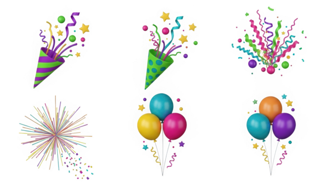 Collection of 3D Party Celebration Elements Including Confetti Poppers Balloons and Fireworks Isolated on White Background - Powered by Adobe