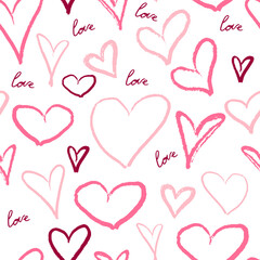 Crayon drawn hearts seamless pattern. Cute pencil or charcoal drawings different love hearts. Chalk drawn sketch for Valentines Day celebration, branding, cover, label, poster. Vector romantic element