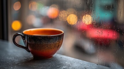 Warmth in Focus: A ceramic mug of a warm beverage sits beside a rain-streaked window, offering a comforting view.