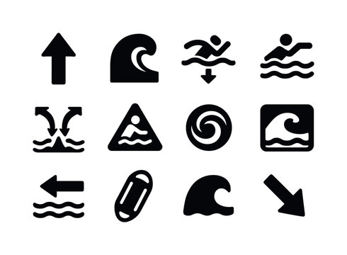 Riptide Icon Set. Riptides. Solid icon set of riptides: strong current arrow, breaking wave, undertow symbol, swimmer warning icon, ocean pull vector, rip