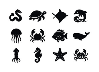 Oceanic Myth Icons. Atlantean myth. Solid icon set of oceanic creatures: sea serpent, giant turtle, manta ray, dolphin crest, jellyfish bloom, mythic crab,