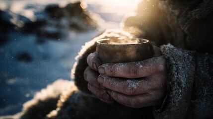 Winter Warmth: A person's weathered hands gently cradle a steaming cup on a snowy winter day, capturing the cozy embrace of warmth amid the cold.