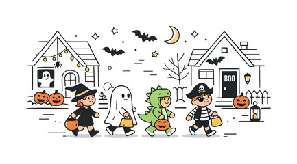 Halloween Neighborhood Adventure. Kids trick-or-treating neighborhood. Kids moving along a street with decorated houses and pumpkins. Cozy seasonal setting and