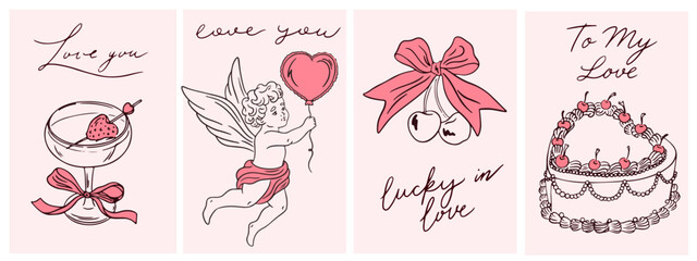 Hand drawn whimsical Valentine's day cards. Vintage frames with cupid, cake, cocktails, cherry and bow for greeting cards, wedding and birthday party, invitations. Vector elegant coquette line art