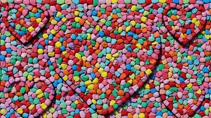 Colorful heart shapes created from many small heart shaped candies vibrant and playful
