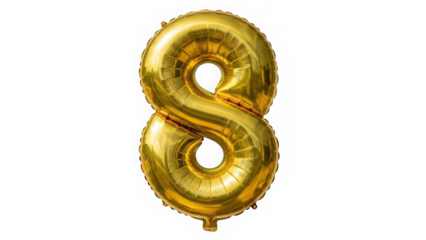 Gold Foil Balloon Number 8 for Eighth Birthday or Anniversary Celebration Isolated