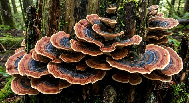 Colorful bracket fungi growing on tree trunk in forest ecosystem displaying natural decomposition process and woodland biodiversity patterns.