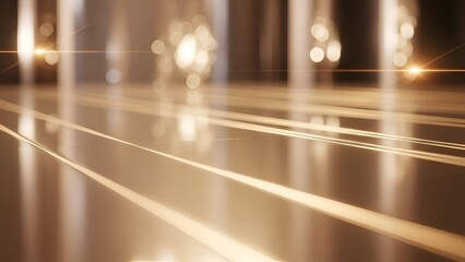 Abstract Glowing Beige Floor with Light Streaks and Bokeh Background Warm Tones Minimalist Interior Design Shiny Surface