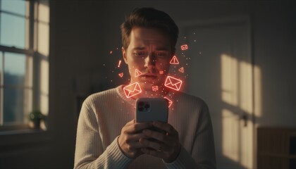 Man looking stressed by an overwhelming influx of email and notification icons on smartphone, portraying concepts of digital overload, technical issues, and online communication problems