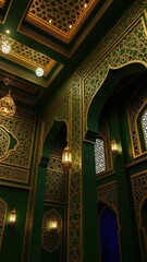 Obraz premium Opulent interior of an Islamic hall with deep emerald green walls adorned with intricate gold geometric patterns and Arabic calligraphy, featuring ornate arches and hanging lanterns