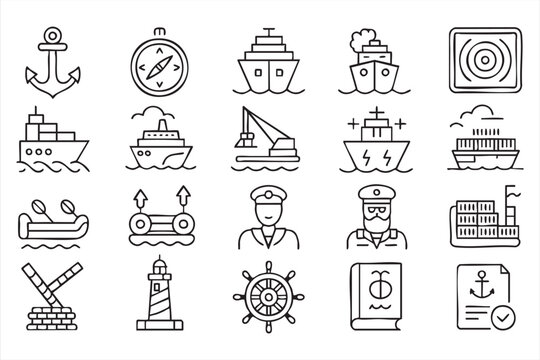 Shipping UI icons for maritime logistics, cargo handling and port control