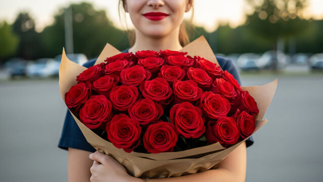 Beautiful Young Woman Holding a Luxurious Bouquet of Bright Red Roses Wrapped in Brown Paper Outdoors