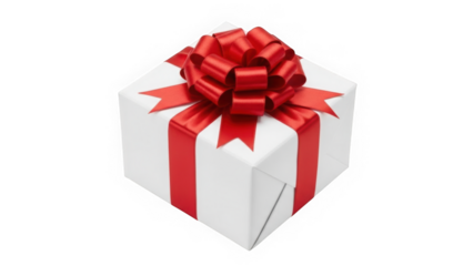 White Gift Box Wrapped with a Large Decorative Red Satin Bow and Ribbon Isolated on White Background for Holidays and Occasions