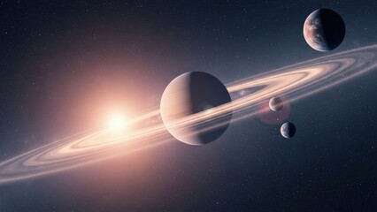 Saturn-like ringed planet with three moons orbiting in a star-filled deep space environment illuminated by a bright, warm sun with lens flare effects