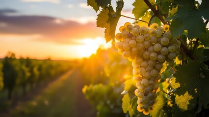 Naklejka premium White grapes hanging on vine in vineyard at golden sunset with warm sunlight creating lens flare through leaves in agricultural landscape for winemaking industry.