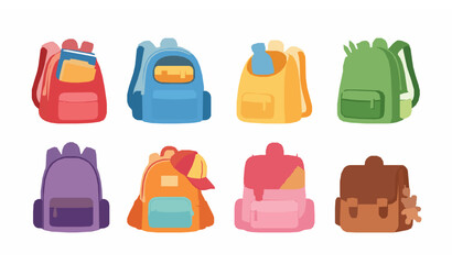 Cute cartoon school bags vector set with colorful backpacks for kids illustrations