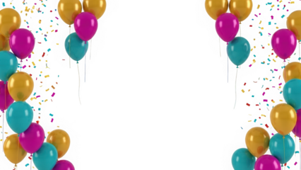 Celebration Background with Floating Colorful Balloons and Falling Confetti on Both Sides Isolated on White