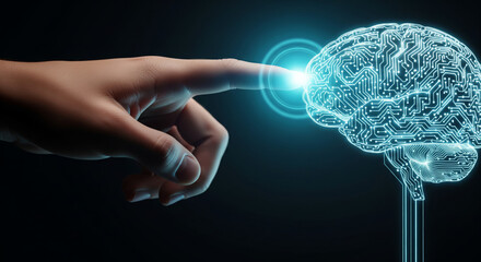 Hand Touching Digital Neural Brain Interface - Concept of Artificial Intelligence, Machine Learning, and Cognitive Computing Innovation