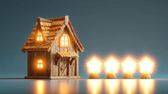 Wooden house with three wooden stars on a blue background creating a simple scene of home value and rating