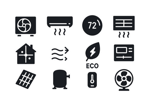 Efficient HVAC Icons. Efficient HVAC systems. Solid icon set of efficient HVAC systems: heat pump, ductless unit, smart thermostat, air vent, zone control,