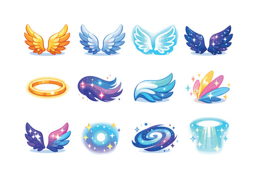 Celestial Wings Icons. Celestial wings. Colorful isometric vector icons set of celestial wings: golden wings, silver wings, glowing aura wing, star-dusted