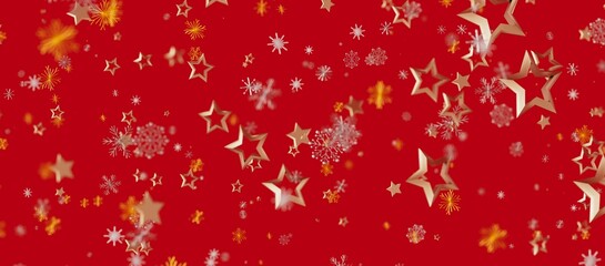 Christmas background with golden stars and snowflakes on red backdrop. Perfect for festive designs, greetings and holida © vegefox.com