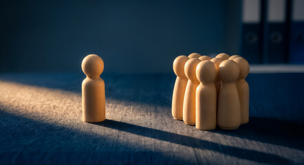 Leadership Concept Featuring Wooden Figures with One Standing Out from the Group in Dramatic Lighting