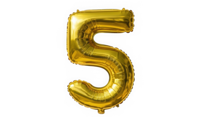 Shiny gold foil balloon in the shape of the number five for birthday or anniversary milestone