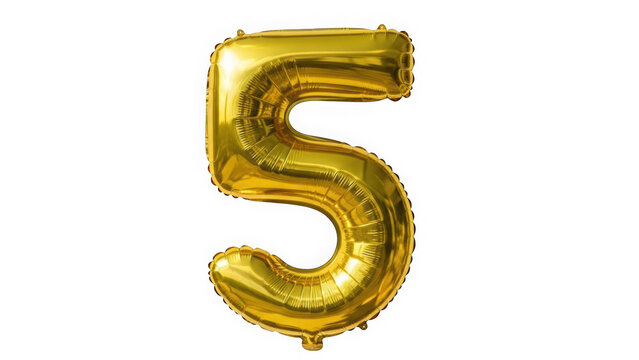 Shiny gold foil balloon in the shape of the number five for birthday or anniversary milestone