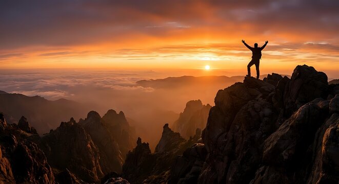 Silhouette of triumphant hiker with raised arms celebrating success on mountain peak during golden sunrise over dramatic rocky landscape and misty valleys.