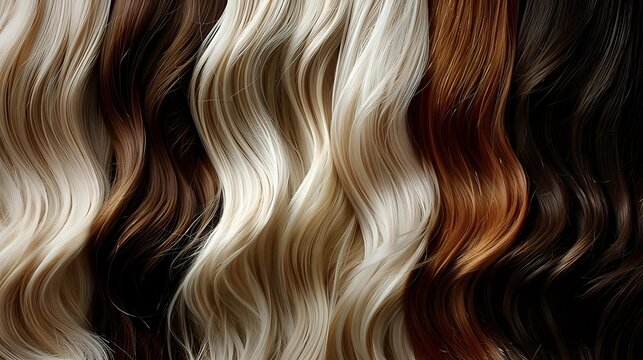 Flowing wavy hair strands in various shades from platinum blonde to deep brown creating natural color gradient texture for beauty salon concepts.