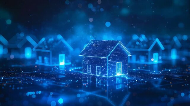 青い光で描かれた住宅群がデジタル技術による未来都市像を示す