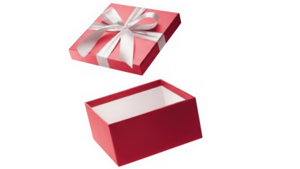 Floating open red gift box with white lid and satin ribbon isolated on white background
