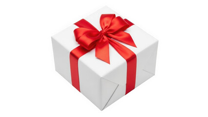 Obraz premium Elegant white gift box wrapped with a vibrant red satin ribbon and bow isolated on white