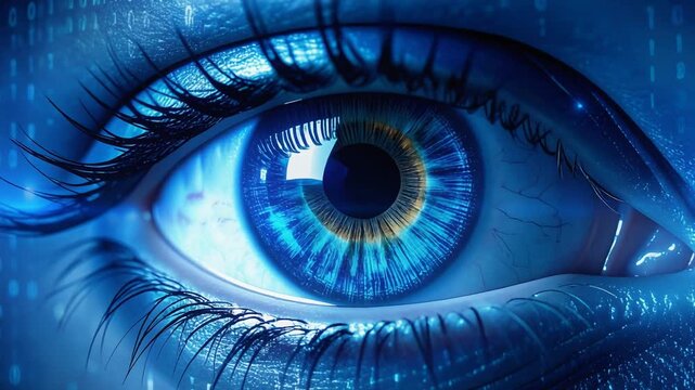 青く発光するデジタルな目が未来的なテクノロジーと監視の象徴として描かれたビジュアル